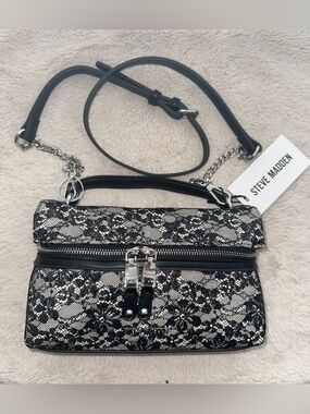 Steve Madden Black Lace Sequin Top Handle Crossbody Bag Purse